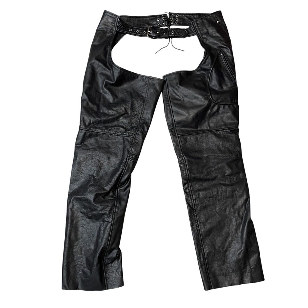 Unik Premium Leather Chaps 3XL Adjustable Waist Raw Hem Snap Zips‎ Leg